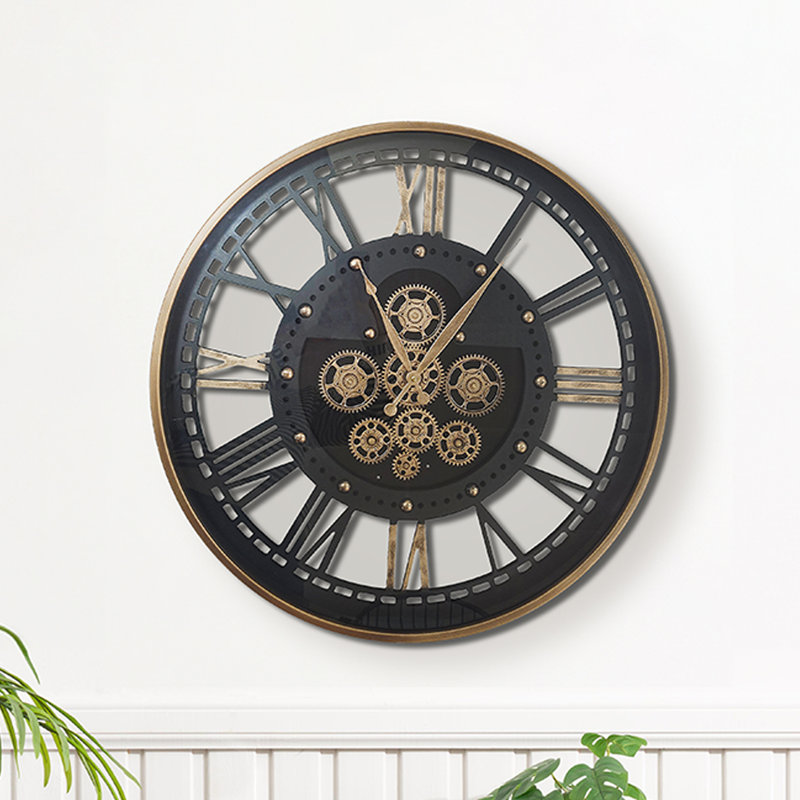 Bhumika 60cm Living Room Round Wall Clock with Glass Metal Frame, Gold & Black Gear Wall Clock
