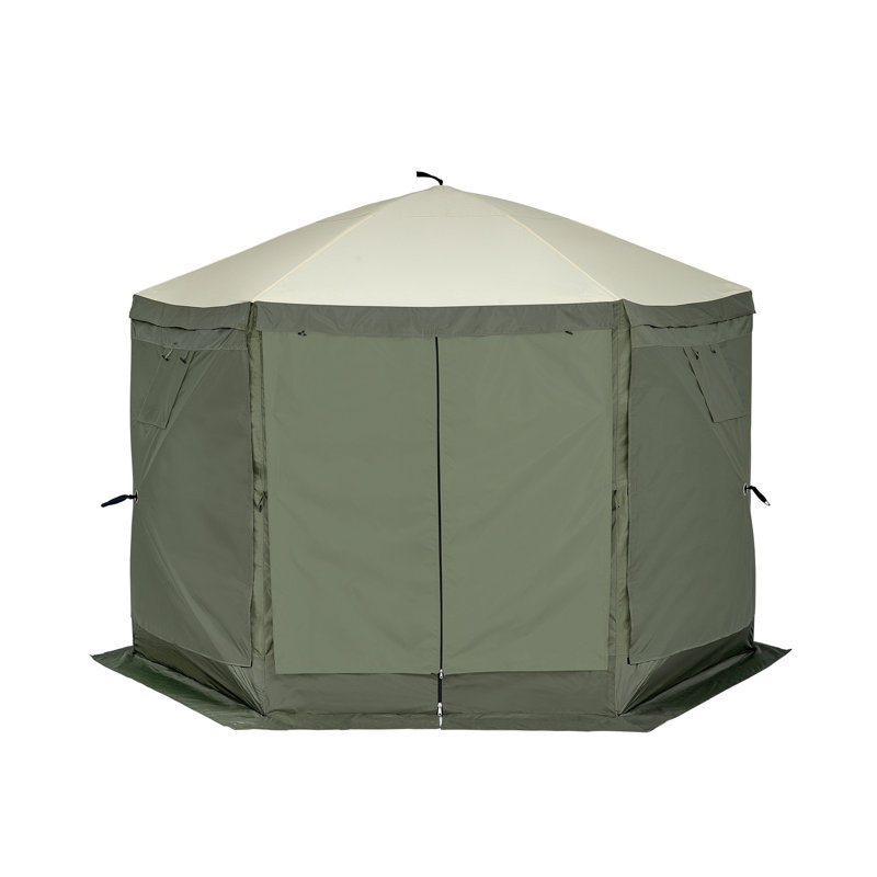 Tente de pavillon de jardin 10 pi 10 po avec murs d'intimité, abri de soleil à moustiquaire vert armée et moustiquaire pour le camping et la cour arrière