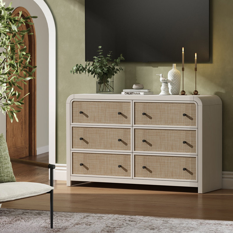 Cevat Rattan 6-Drawers Dresser,Thickened Curved Profile Design, Ivory