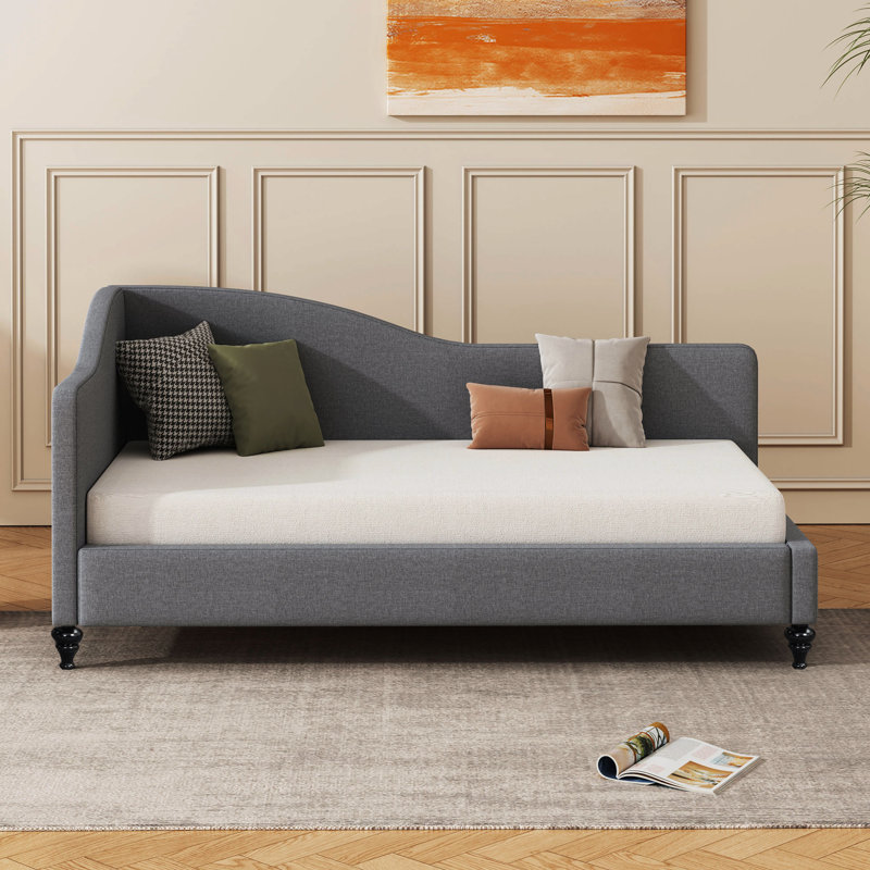 Twin L-shaped Daybed With Gray Linen Cover And Dependable Solid Wood Legs Stylish Size In Construction Soft Bedding, Gray