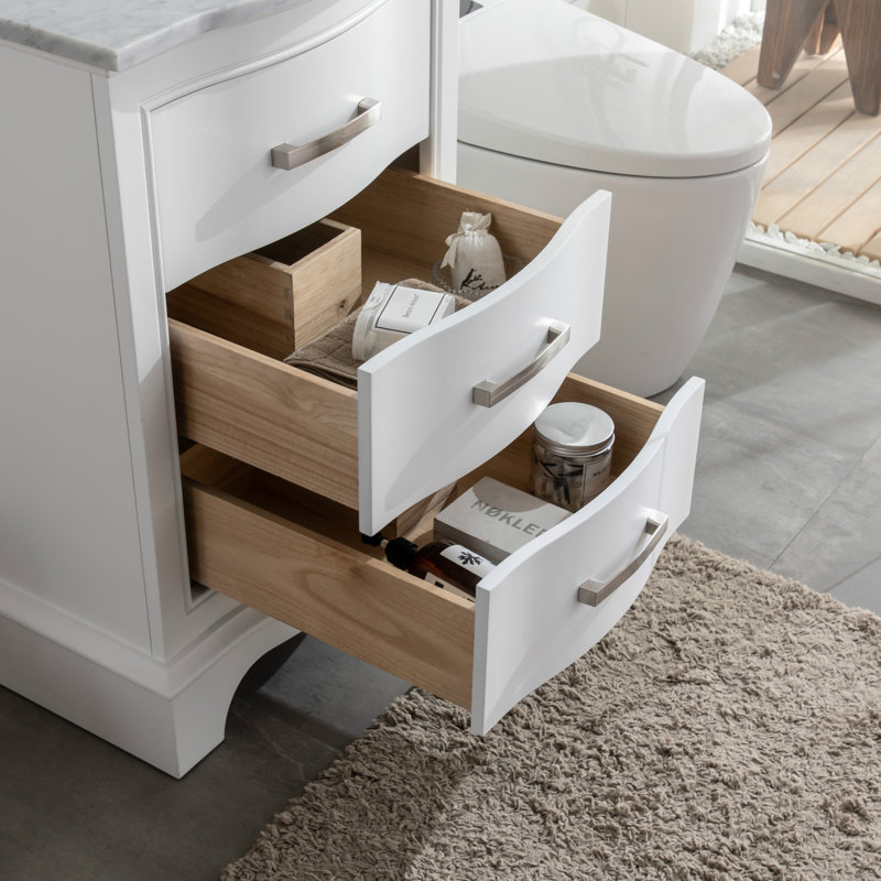 Meuble-lavabo simple 24 po avec plateau en marbre Fiona, Blanc / nickel brossé