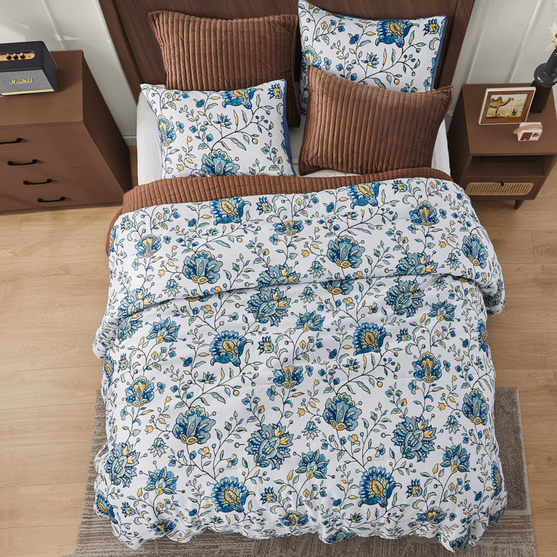 King Size Blue Floral Reversible Comforter Set