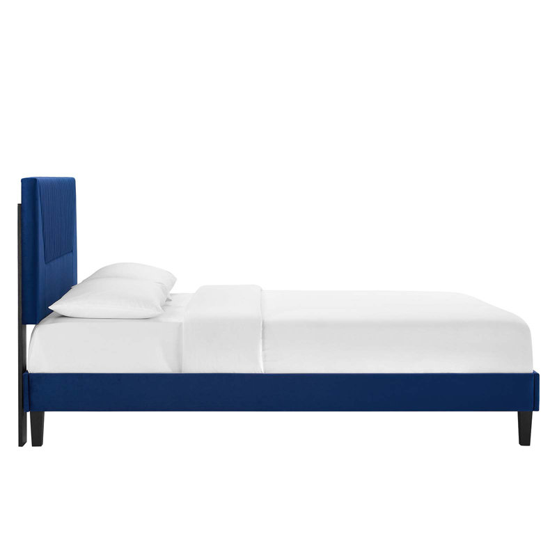 Navy Velvet Upholstered Queen Platform Bed with Tufted Headboard