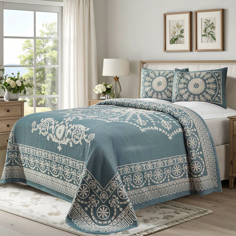 Alistair Lightweight Cotton Blend Jacquard Traditional Medallion Bedspread Set, Cerulean Blue, Full Coverlet+ 2 Shams