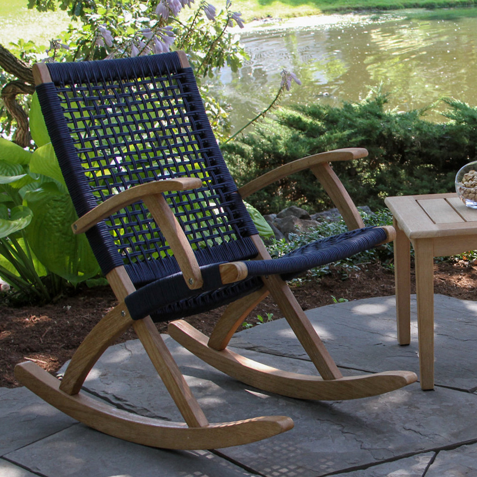 Outdoor Brayson Rocking Solid Wood Chair, Light Brown/Blue Rope