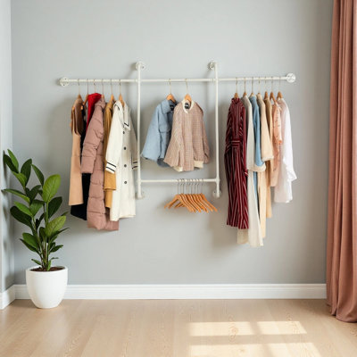 Industrial Pipe Clothing Rack Wall Mounted,Metal White Clothes Racks For Hanging Clothes,Vintage Retail Garment Rack Display Rack Cloths Rack