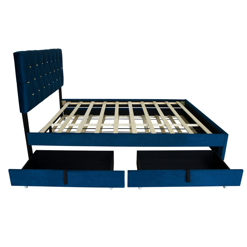 Grand lit bleu avec lit gigogne escamotable et deux tiroirs en tissu, revêtement en velours élégant, fabrication, convient au matériau de rangement de la chambre principale, matériau doux, chambres d'amis idéales