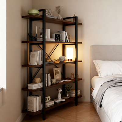 5-Tier Industrial Bookshelf With Wood Shelves, Large Storage Rack For Living Room, Home Office, And Display Organizer