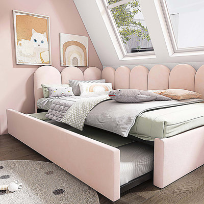 Upholstered Bed Daybed With Pull-Out Bed, Twin Size Single Sofa Bed, Guest Beds With Metal Slatted Frame