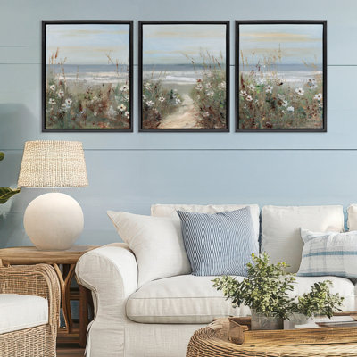 Wildflower Coastline Landscape 3pc Floating Frame Set, design by Sally Swatland