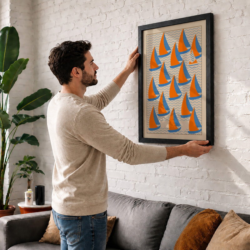 Sailboat Pattern Coastal - Framed Print, A3 - 42.0 x 29.7 cm, White