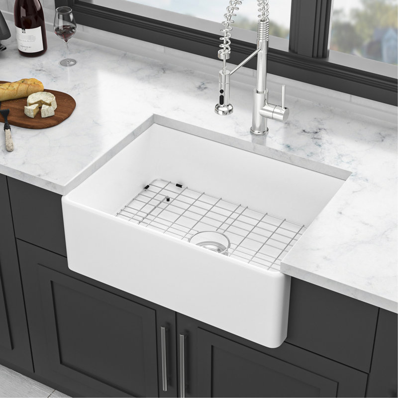White, 28 - Inch, Ceramic, Kitchen Sink, Single Bowl, Drain Assembly, Bottom Grid, Dish Basket Strainer, , Heat , Scratch Easy To Maintain Inch White Ceramic Bowl Sink: Featuring 304 Stainless Steel