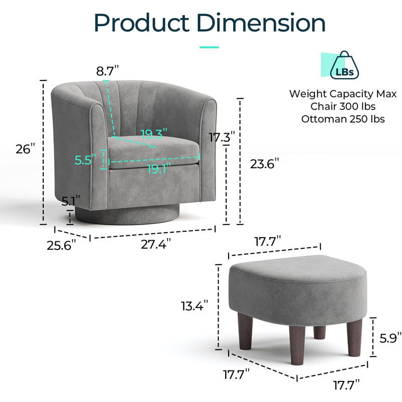 Modern Swivel Accent Chair With Ottoman Set - Velvet Upholstered Barrel Armchair And Footrest For Living Room, Bedroom, Office, Study - 360-Degree Rotation, Compact Space Saving Design