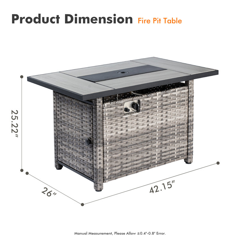 Foyer de table rectangulaire d'extérieur 26 po x l 42,15 po, chauffe-terrasse au propane en osier pour terrasse, jardin, cour