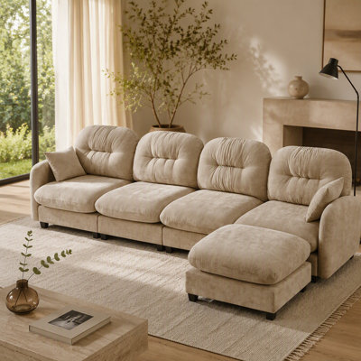 Canapé modulaire en L modulaire avec repose-pieds, revêtement en chenille douce, conception ergonomique, dossier capitonné, base en bois de haute qualité pour une installation facile