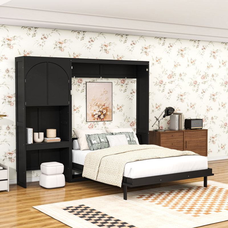 Grand lit escamotable avec armoire de rangement et éclairage DEL, Noir
