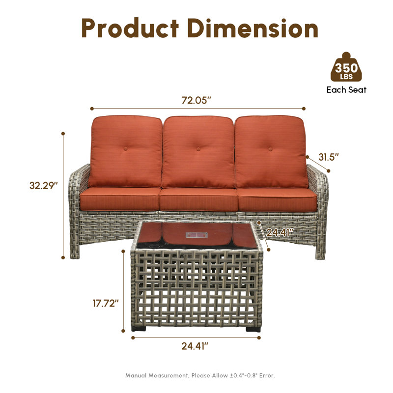 3-Person Outdoor Seating Group With Cushions And Led Coffee Table , All-Weather Wicker Patio Set, Orange