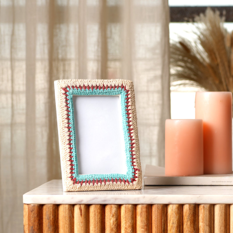 Handmade Crochet Photo Frame for 4" x 6" Pictures - Boho Decorative Tabletop Frame, Teal/Red/Beige