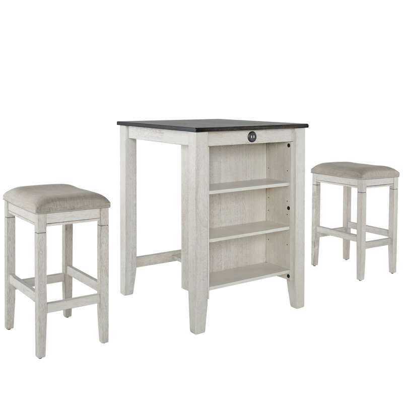 Antique White and Weathered Pepper Oak Counter Table Set with Linen Stools