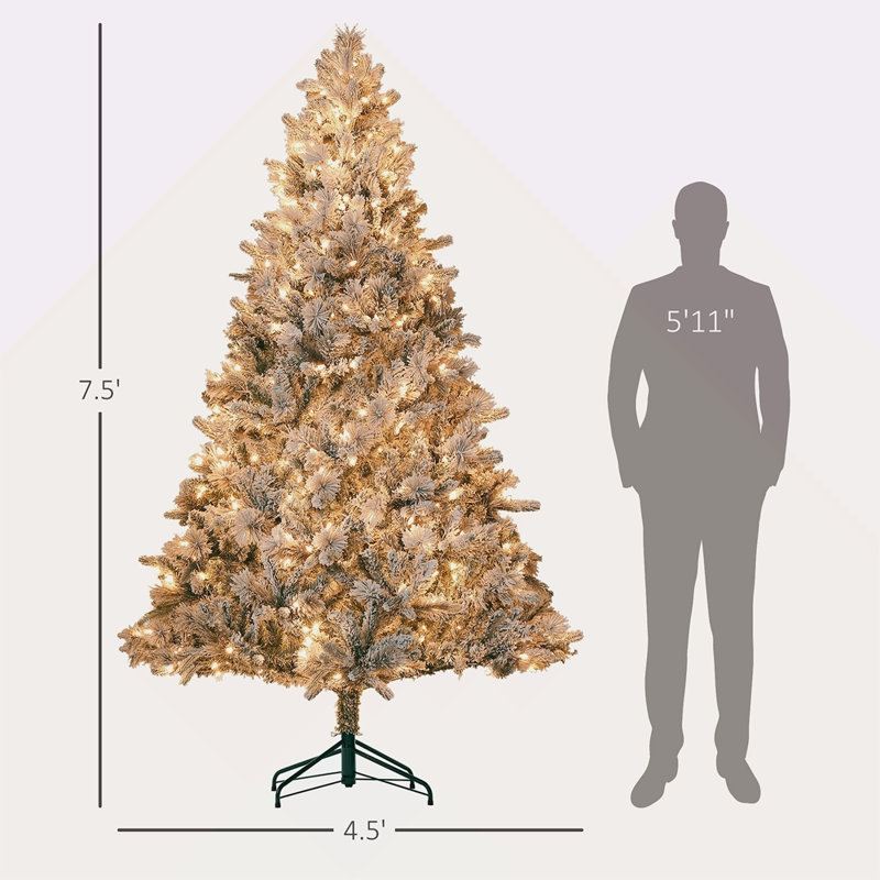 Arbre de Noël artificiel 7,5 pi avec 500 lumières claires et 1530 pointes, arbre de Noël enneigé avec base en métal et arbre de Noël articulé 7,5 pi