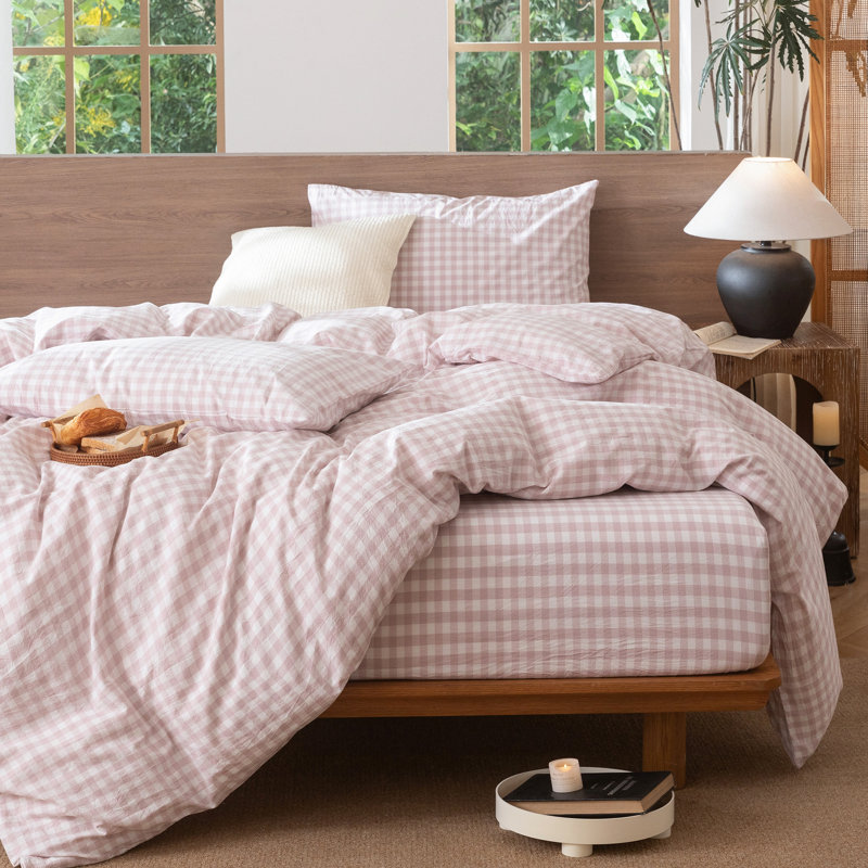 MooMee Gingham Duvet Cover Set 100% Washed Cotton Linen Like Lightweight, Grayish Pink