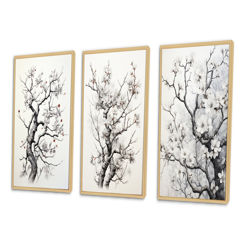 «Grey White Tree Graphite Whispers», 3 pièces sur toile, Cadre blanc, H 28 po x l 36 po