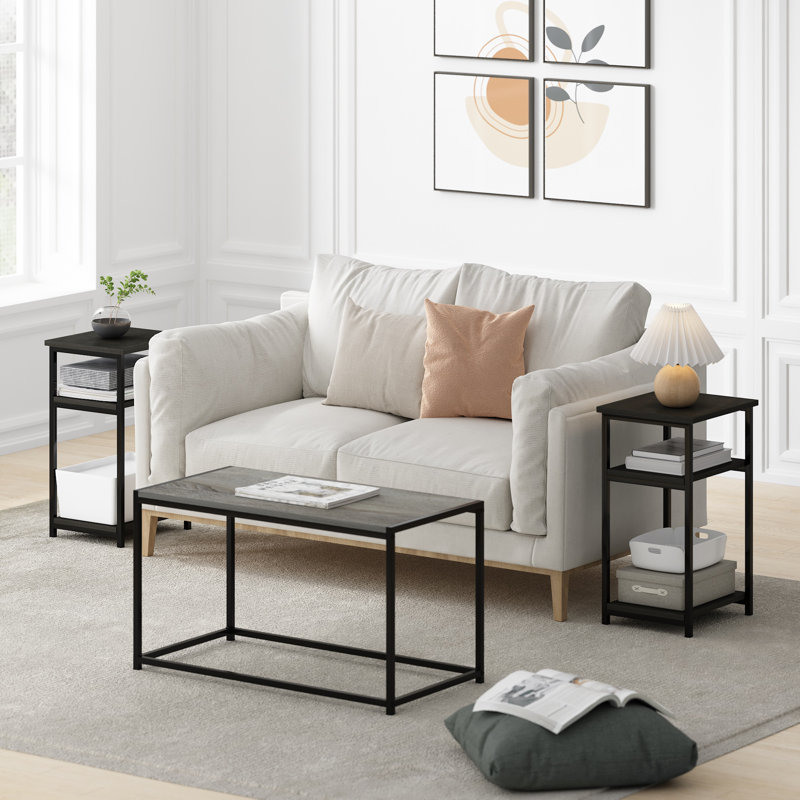 Aarshiya 2 Piece 3-Tier Industrial Metal Frame End Table with Storage Shelves Set, Espresso