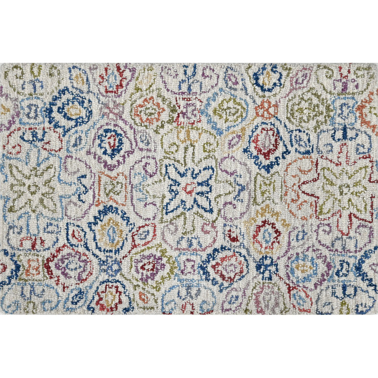 Cross Stitch Floral Hand Tufted Wool Area Rug in Cream/Blue/Red