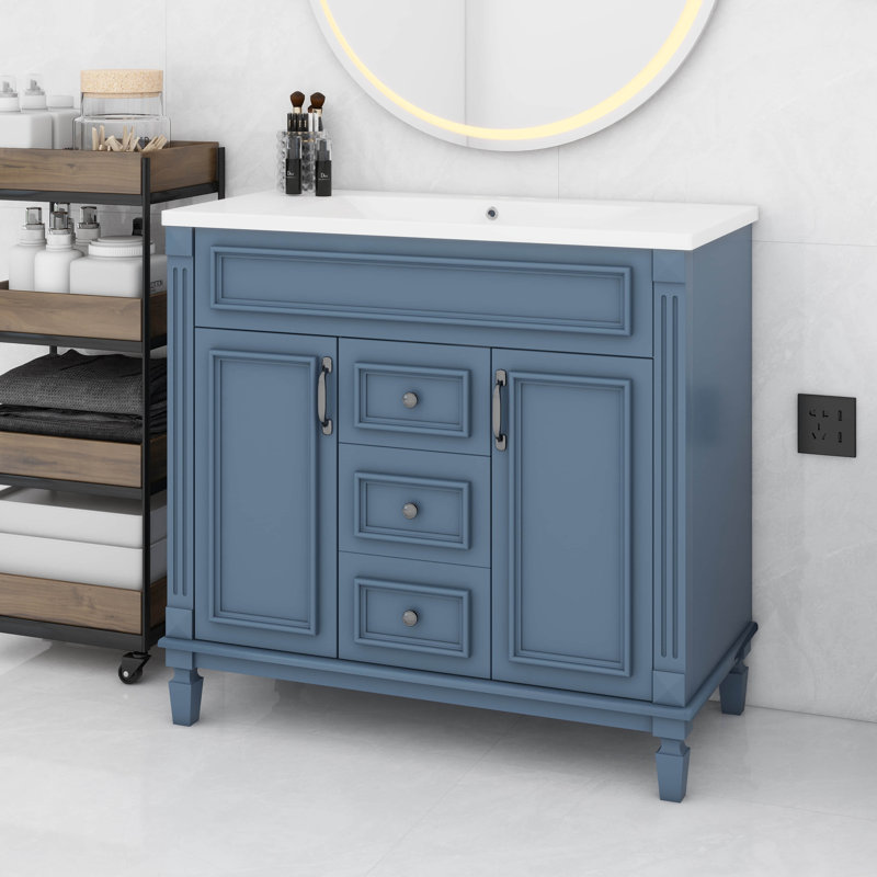 Meuble-lavabo 36 po avec lavabo supérieur, armoire de rangement moderne avec 2 portes à fermeture douce et 2 tiroirs, Bleu
