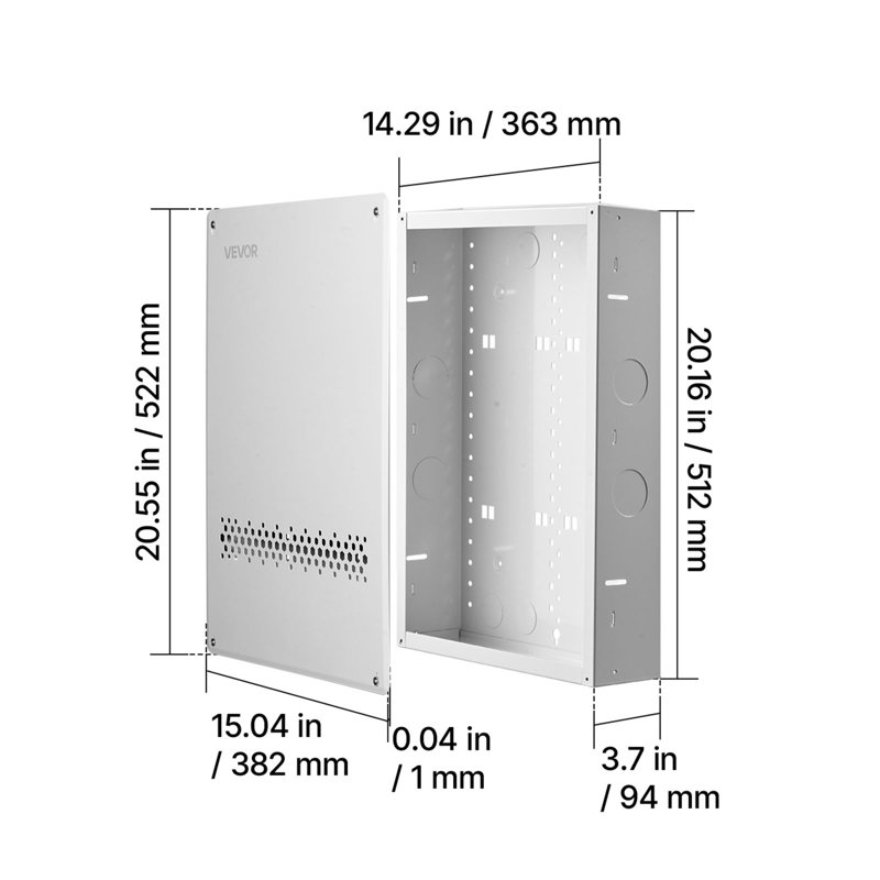 Structured Media Enclosure 20-Inch In-Wall Box with Screw-On Cover, Cable Management Network Box, Cold-Rolled Steel, Recessed Electrical Wiring Cabinet, with Knockouts, Flush or Surface Mount