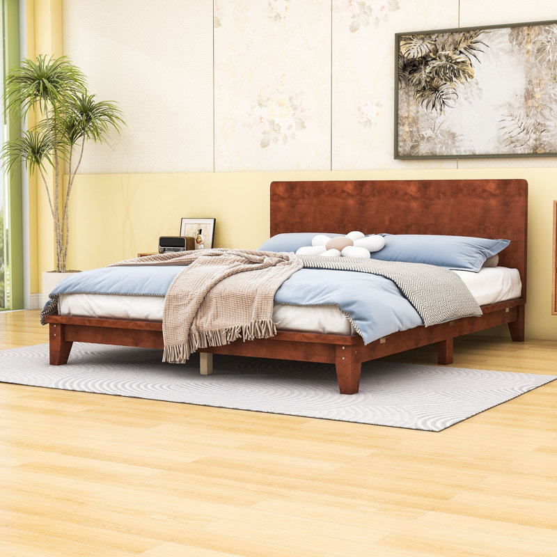 Base de lit plateforme en bois avec tête de lit, Brun, Grand lit