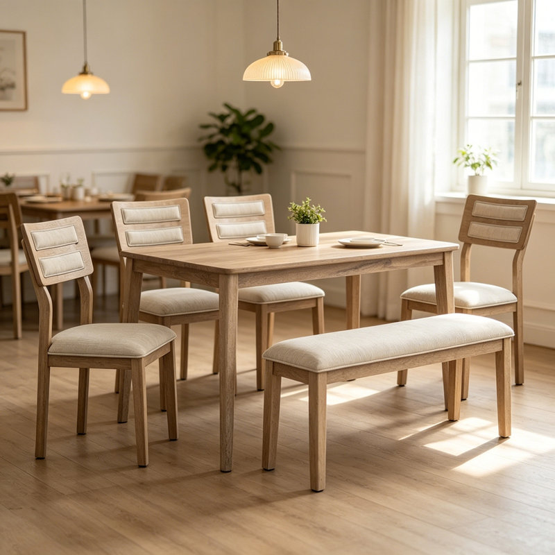 Ensemble de salle à manger 6 pièces de style classique et traditionnel, comprenant une table de salle à manger, 4 chaises rembourrées et un banc