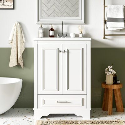 Meuble-lavabo 24 po avec lavabo en céramique, armoire de rangement autoportante moderne avec poignées, portes à fermeture douce