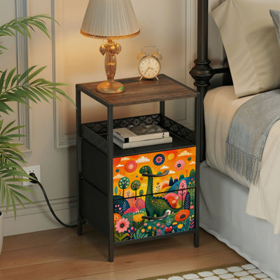 2 Drawers Nightstand with Charging Station, Bedroom Nightstand with USB Ports &amp; Outlets Open Shelf Black, night stand with Colorful Dinosaur Magical Landscape Print