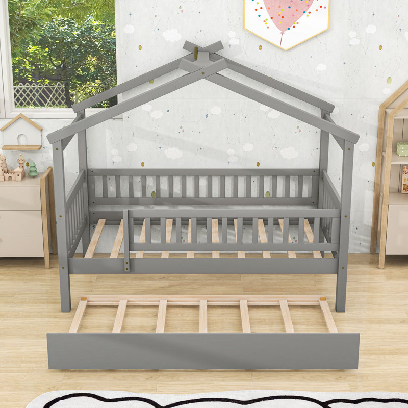 Lit de jour simple en bois avec lit gigogne simple, Gris