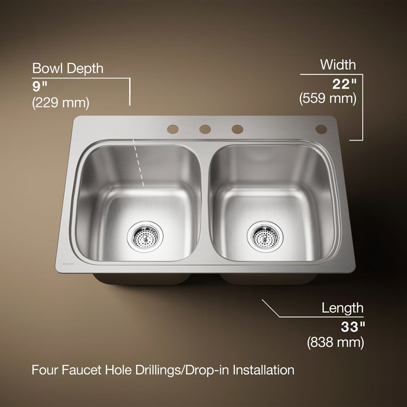 Verse Top-Mount Double-Equal Bowl Kitchen Sink with Single Faucet Hole, 4 Hole