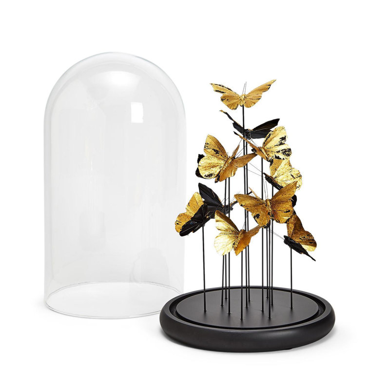 Ensemble de 2 papillons dorés en dôme - Plume / verre / panneau de fibres à densité moyenne