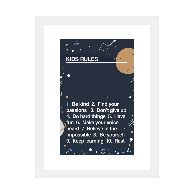 Kids Rules - impression d'art textuel, Papier encadré blanc, Blanc, H 32 po x l 24 po x P 1 po