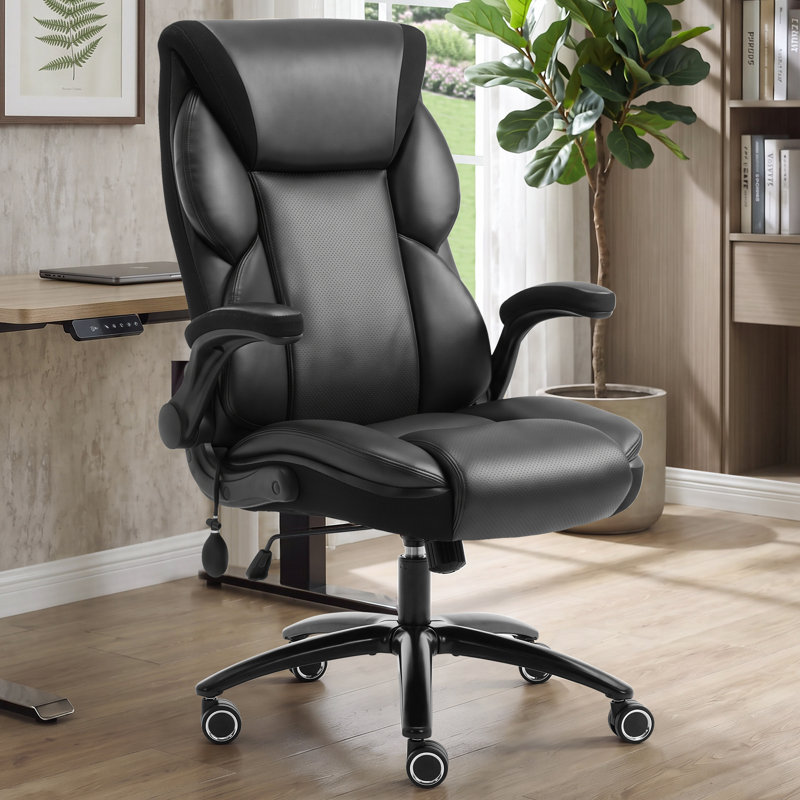Executive Office Chair - Adjustable Inflatable Lumbar Support, Flip Up Arms, Heavy Duty Metal Base, Breathable PU Leather Ergonomic High Back Computer Chair Desk Chair, Thick Padded | Black