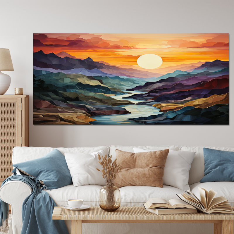 «Orange Teal Mountains Bold Landscape», reproduction d'art sur toile, Toile tendue, H 28 po x l 60 po x P 1,5 po