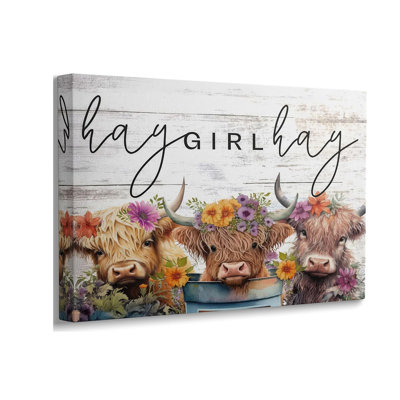 Highland Cow Canvas Wall Art,Funny Farmhouse Cow with Flower Crowns Print,Rustic Farmhouse Animal Poster Wall Decor for Living Room,Bedroom,Bathroom 12x16 Inch