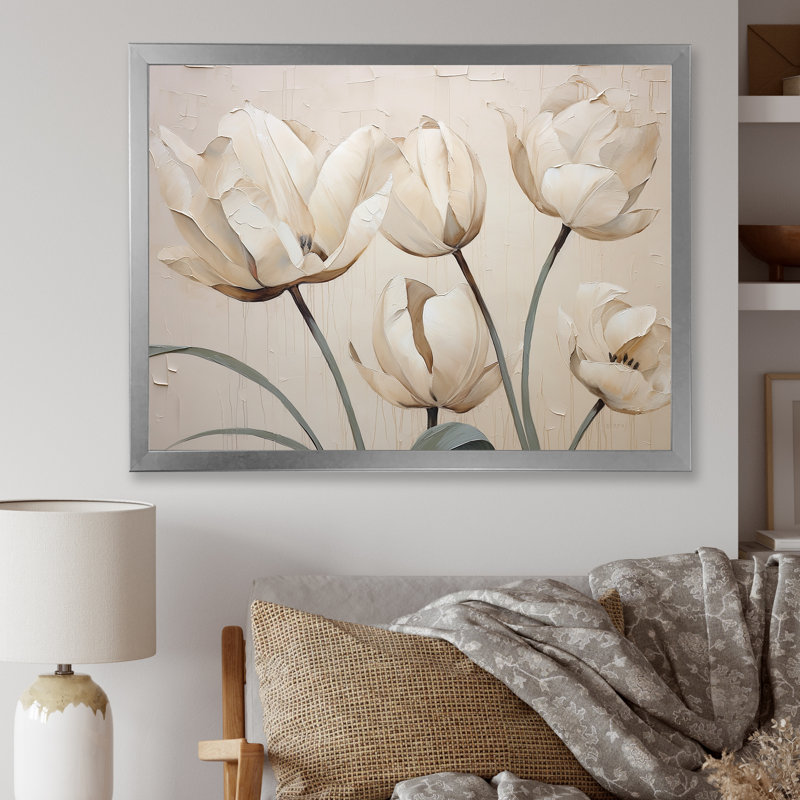 Minimalisme, tulipes blanches symphonie II sur toile, Cadre simple argenté, H 24 po x l 32 po x P 1 po