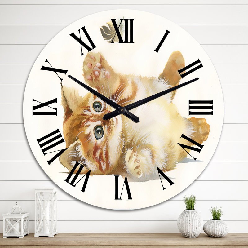 Petit chaton orange avec plume - Horloge murale traditionnelle, Grand
