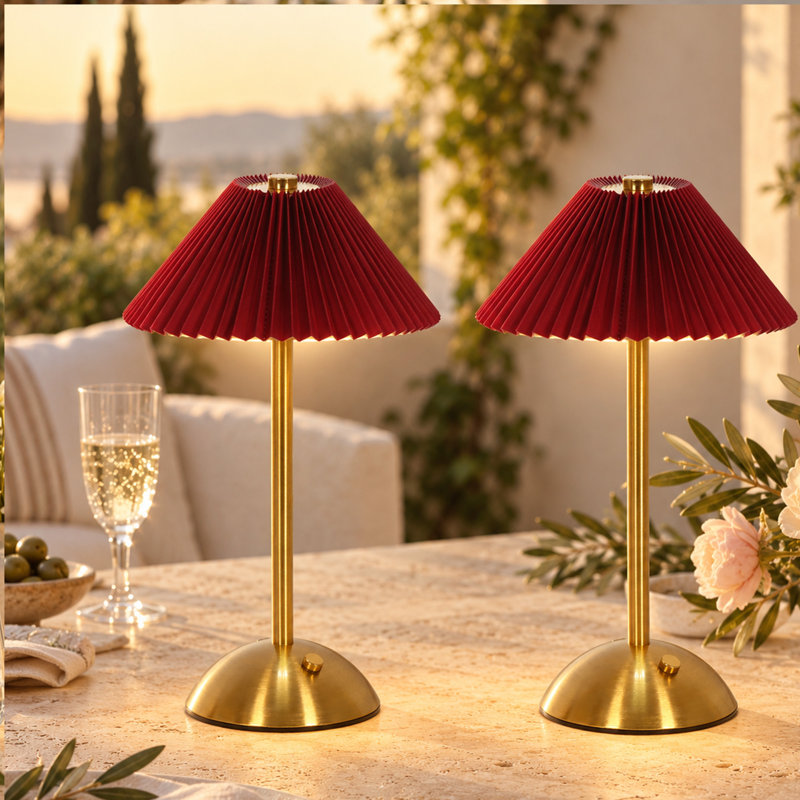Lampe de table rechargeable en tissu plissé avec gradation tactile pour bureau (ensemble de 2), Rouge / laiton antique