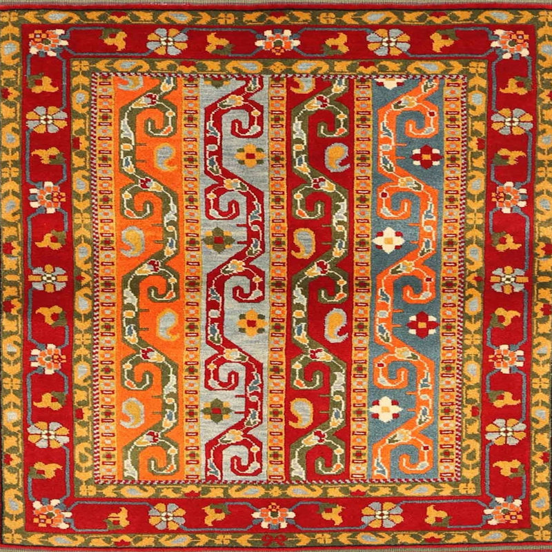 Tapis de zone rouge/jaune contemporain, Carré 7 pi