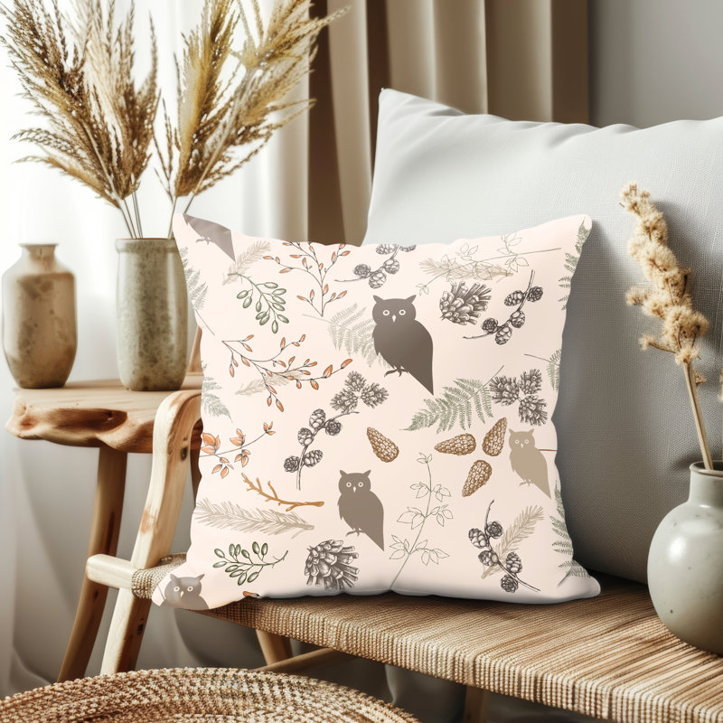 Housse de coussin, Hiboux beiges, H 14 po x l 14 po