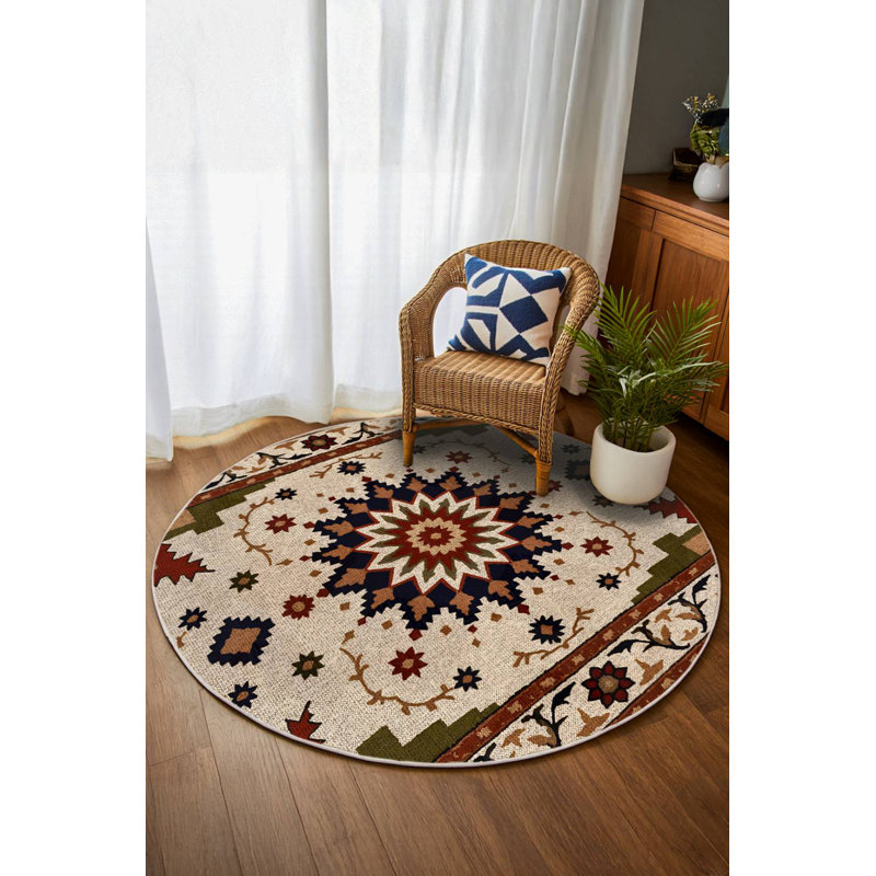 Tapis marocain beige en coton et polyester à imprimé numérique Madeline Collection, Rond 3 pi 4 po