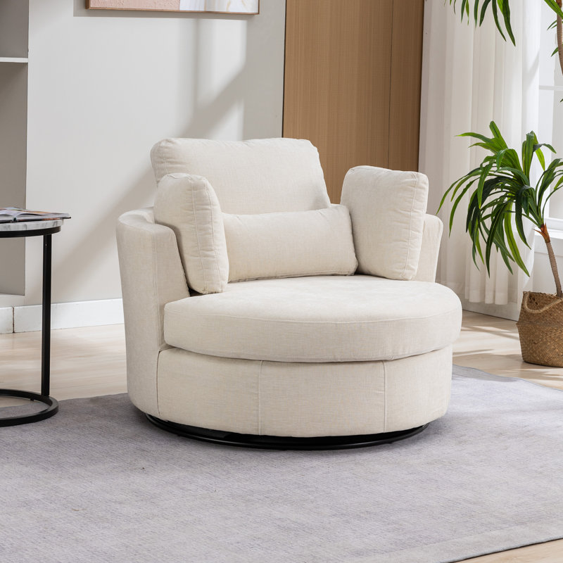 50" W Dahlonega Slipcovered Swivel Barrel Chair, Beige Polyester, 34.6'' H x 50'' W x 47'' D