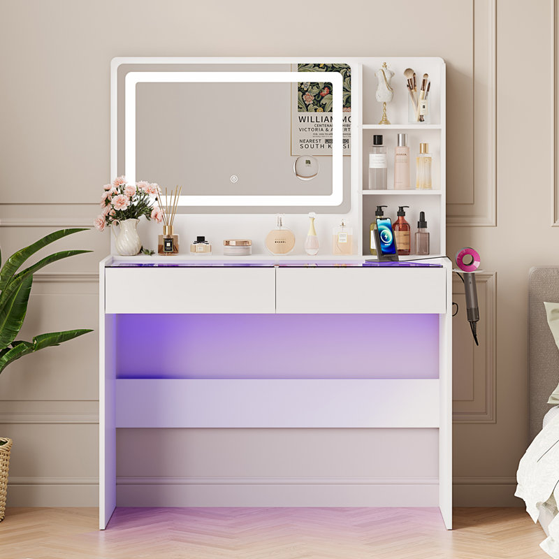 Makeup Vanity with 3-Color Adjustable LED Lighted Mirror & RGB Lighting, Modern Small-Space Vanity Desk with Charging Station, See-Through Tempered Glass Top & 2 Drawers