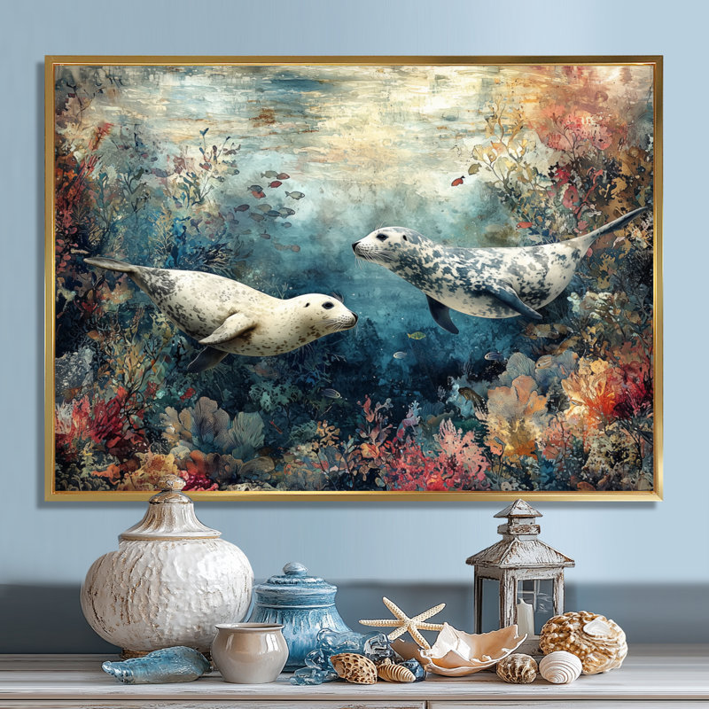 Jouant des phoques dans un paysage de corail II - phoque, décoration murale, H 24 po x l 32 po, Doré